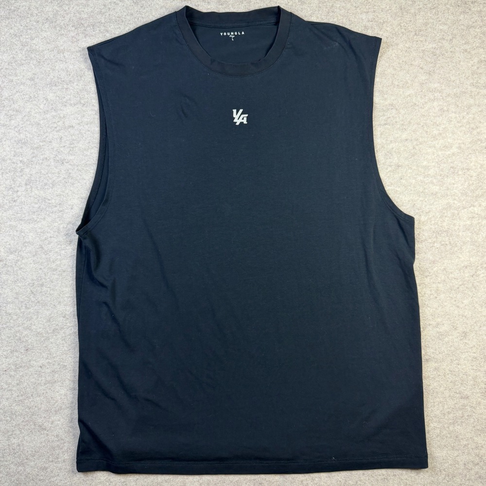 YoungLA Mens Black Sleeveless Muscle Tee Gym Shirt Large YLA Logo Back Graphic